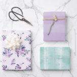 Feuille De Papier Cadeau Fleurs aquarelles violettes et sarcelles et rayure<br><div class="desc">Fleurs aquarelles violettes,  sarcelles et vert menthe et rayures subtiles pour baby showers,  mariages,  anniversaires et toutes vos occasions spéciales ! Une collection de papiers d'emballage coordonnés tendances et chics à textures de fleurs et d'aquarelles.

~ Consultez ma boutique pour voir l'ensemble de la gamme pour ce design !</div>
