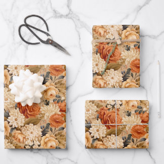 Feuille De Papier Cadeau Fleurs beiges oranges brûlées vintages