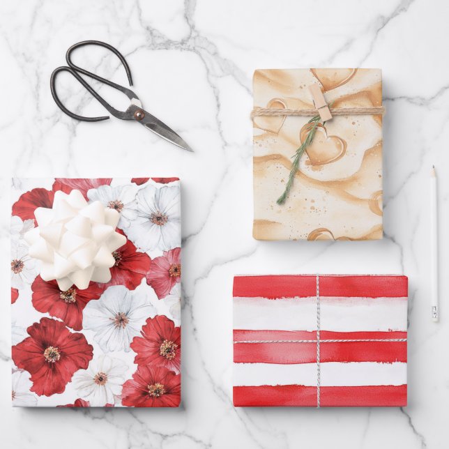 Feuille De Papier Cadeau Fleurs blanches rouges Coeurs Fête des mariées de  (Recto)