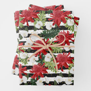 Feuille De Papier Cadeau Fleurs blanches rouges sur pointes blanches noires