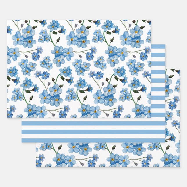 Feuille De Papier Cadeau Fleurs bleu aquarelle. Motif floral (Lot)