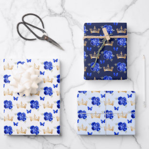 Feuille De Papier Cadeau Fleurs Bleu Royal et Couronnes d'Or