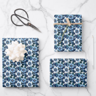 Feuille De Papier Cadeau Fleurs bleues et blanches sur fond blanc cassé