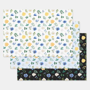 Feuille De Papier Cadeau Fleurs bleues et jaunes avec Motif de feuillage