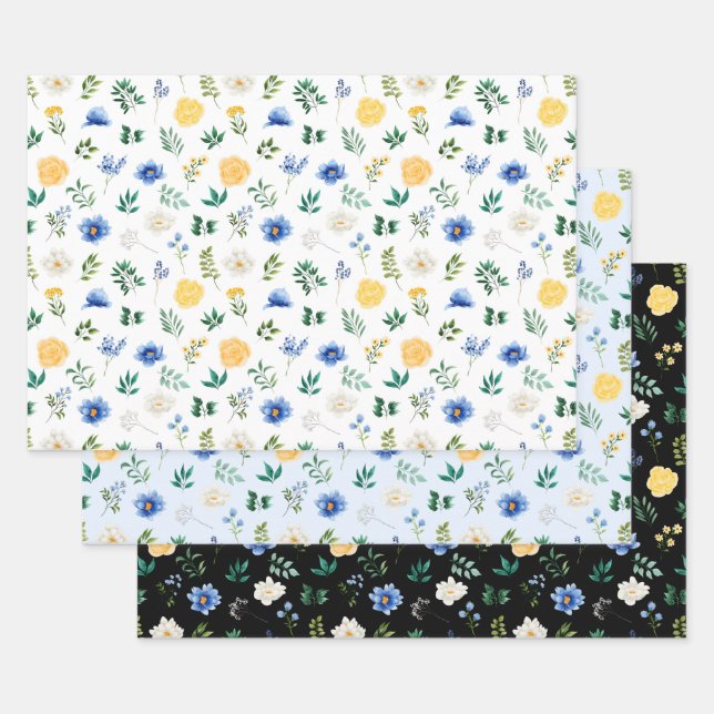 Feuille De Papier Cadeau Fleurs bleues et jaunes avec Motif de feuillage (Lot)