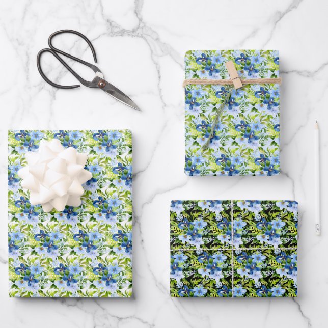 Feuille De Papier Cadeau Fleurs bleues et navy avec feuillage  (Recto)
