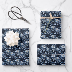 Feuille De Papier Cadeau Fleurs bleues sur fond bleu foncé