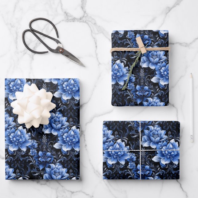 Feuille De Papier Cadeau Fleurs Bleues sur Fond Noir (Recto)