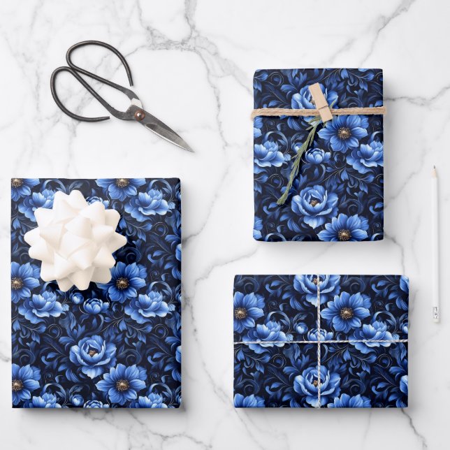 Feuille De Papier Cadeau Fleurs Bleues sur Fond Noir  (Recto)