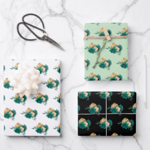 Feuille De Papier Cadeau Fleurs bleues turquoises et Motif vert