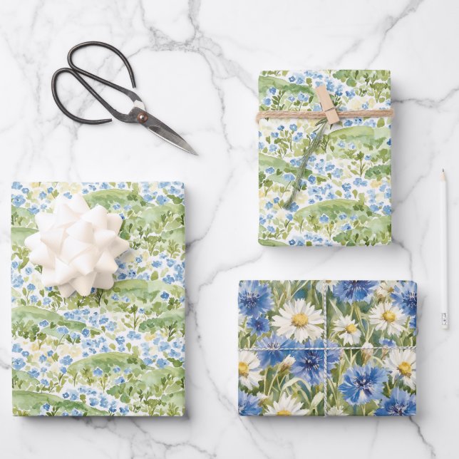 Feuille De Papier Cadeau Fleurs Bleues Vertes Anniversaire (Recto)