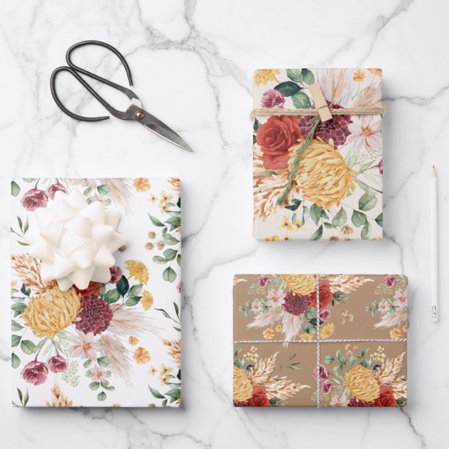 Feuille De Papier Cadeau Fleurs bohémiennes rustiques Pampas Vert herbe (Recto)