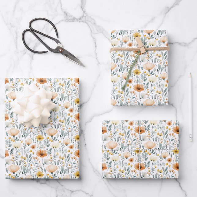 Feuille De Papier Cadeau Fleurs champêtres sur fond blanc (Recto)