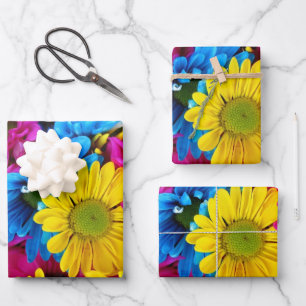Feuille De Papier Cadeau Fleurs colorées, marguerites - Rose Jaune Bleu