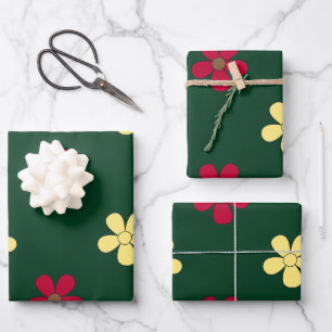 Feuille De Papier Cadeau Fleurs colorées Motif à fleurs vertes