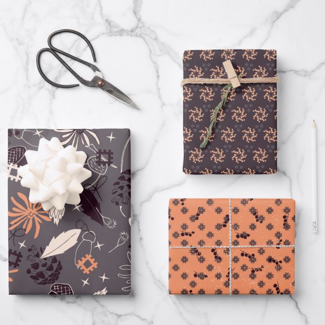 Feuille De Papier Cadeau Fleurs, cônes de pin, glands, étoiles, baies sur (Recto)