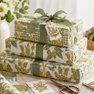 Feuille De Papier Cadeau Fleurs Coordonnées Botanique Vintage Jaune Vert