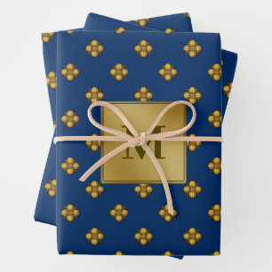 Feuille De Papier Cadeau Fleurs Crucifères d'or Monogrammé Bleu