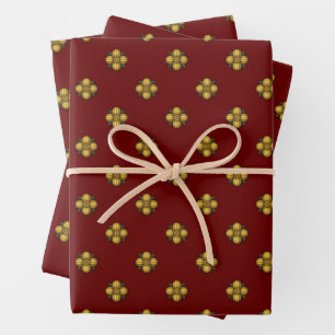 Feuille De Papier Cadeau Fleurs crucifères d'or sur rouge foncé