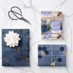 Feuille De Papier Cadeau Fleurs d'abeilles bleues vintages Mélange et conco