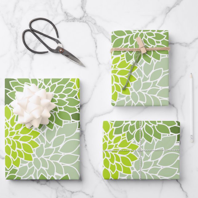 Feuille De Papier Cadeau Fleurs Dahlia, Motif De Fleurs, Dahlia Verte (Recto)