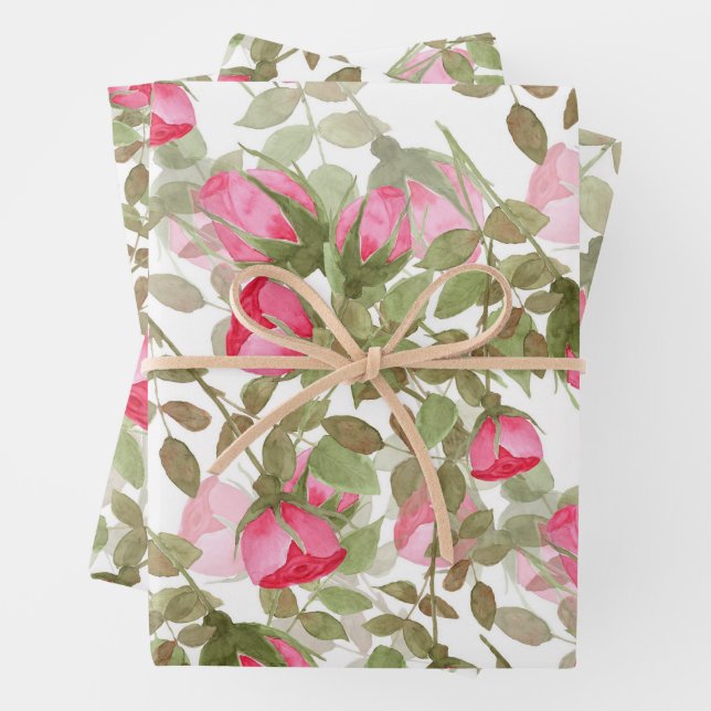 Feuille De Papier Cadeau Fleurs d'aquarelle rose rose roses fleuris (En situation)