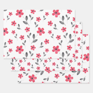 Feuille De Papier Cadeau Fleurs d'aquarelle rouge à cinq pétales