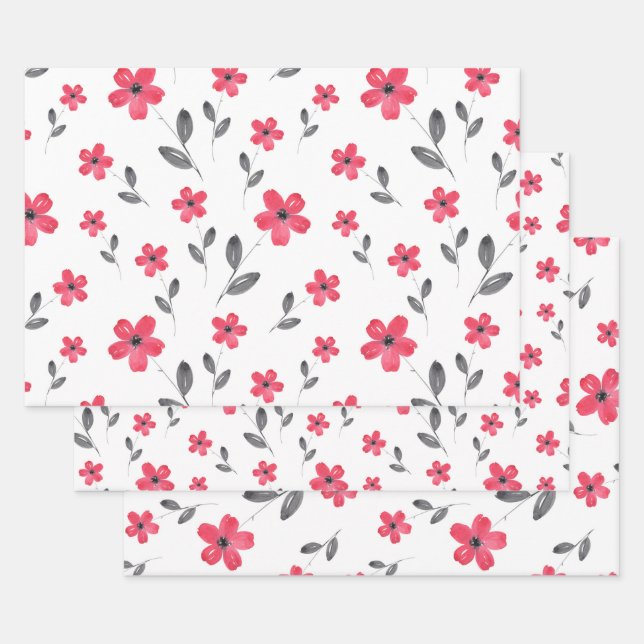Feuille De Papier Cadeau Fleurs d'aquarelle rouge à cinq pétales (Lot)
