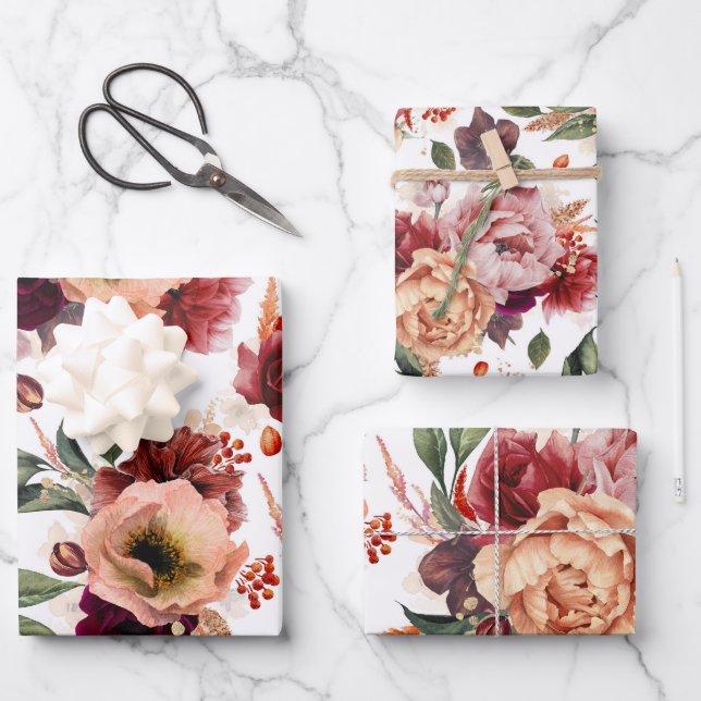 Feuille De Papier Cadeau Fleurs d'automne Bordeaux Rouge Orange Botanique F (Recto)