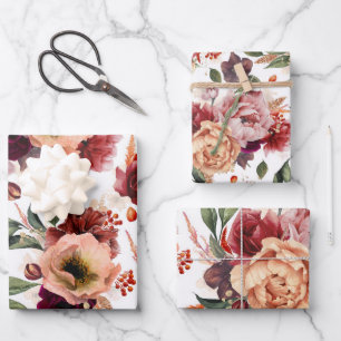 Feuille De Papier Cadeau Fleurs d'automne Bourgogne Rouge Orange Botanique