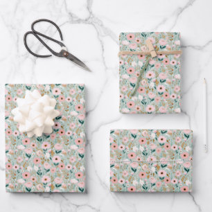 Feuille De Papier Cadeau Fleurs de bain de mariage rose vert aquarelle