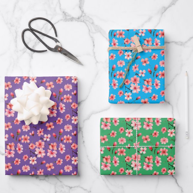 Feuille De Papier Cadeau Fleurs de cerisier Vert, Bleu, Arrière - plan pour (Recto)