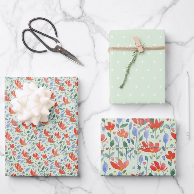 Feuille De Papier Cadeau Fleurs De Champ Aquarelle En Rouge Et Bleu Doux (Recto)