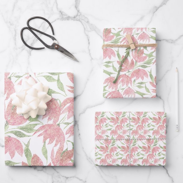 Feuille De Papier Cadeau Fleurs de champ dentelle texturée rose blanc (Recto)