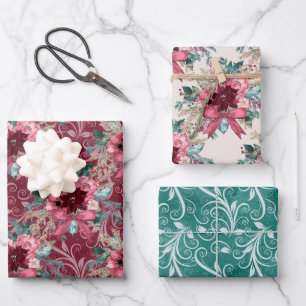 FEUILLE DE PAPIER CADEAU FLEURS DE COULEUR D'EAU ROSE BURGUNDY NOËL