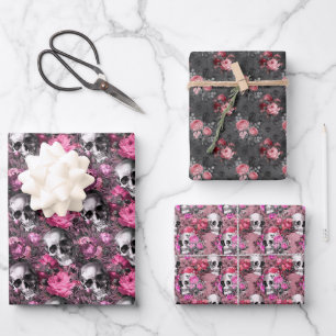 Feuille De Papier Cadeau Fleurs de crânes gothiques rose et noir