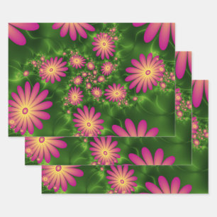 Feuille De Papier Cadeau Fleurs de fantaisie roses, art fractal abstrait mo