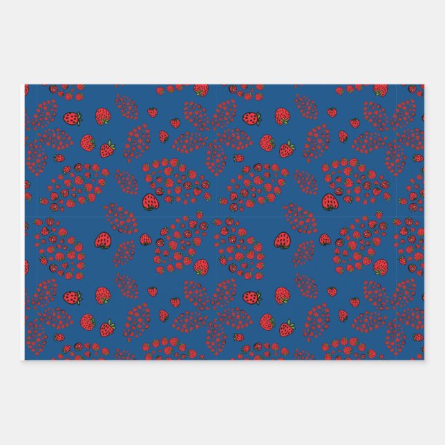 Feuille De Papier Cadeau fleurs de fraise sur bleu (Devant)