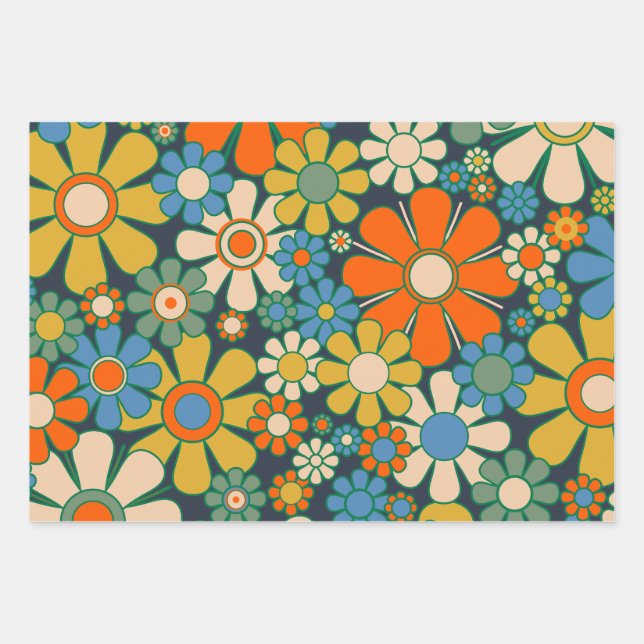 Feuille De Papier Cadeau Fleurs de Jardin Rétro 60s les années 70 motif Flo (Devant 2)