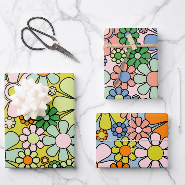 Feuille De Papier Cadeau Fleurs de jardin rétro Super 60s les années 70 Mot (Recto)