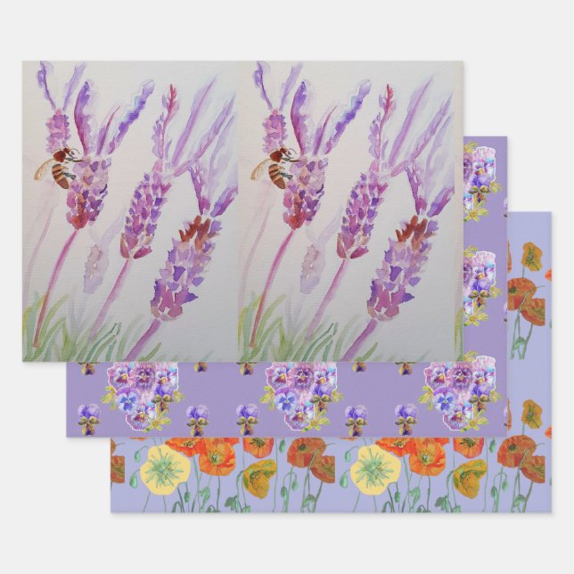 Feuille De Papier Cadeau Fleurs de lavande violet Pépites florales Aquarell (Lot)