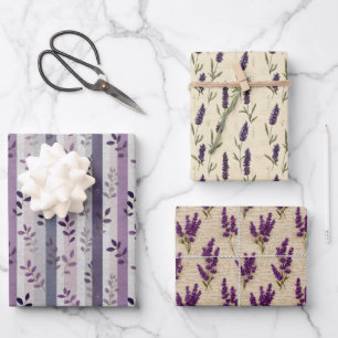 Feuille De Papier Cadeau Fleurs de lavande violettes botaniques rayures Ann