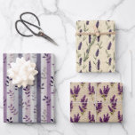 Feuille De Papier Cadeau Fleurs de lavande violettes rayures botaniques flo<br><div class="desc">Trois jolies feuilles de papier d'emballage fleurs de lavande violettes assorties motifs botaniques. Voir également nos annonces pour les trois avec un seul motif.</div>