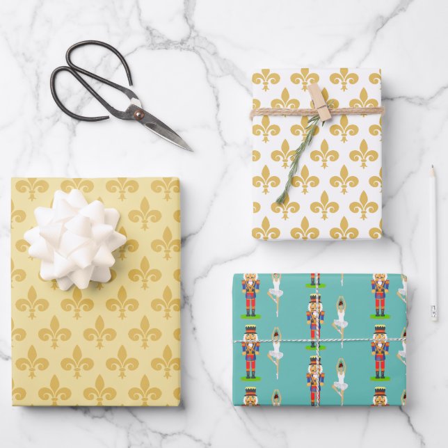 Feuille De Papier Cadeau Fleurs de lys dorées, Casse-Noisette et danseuse d (Recto)