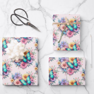 Feuille De Papier Cadeau Fleurs de marguerite avec un beau motif papillon