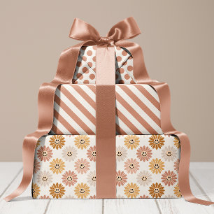 Feuille De Papier Cadeau Fleurs de Marguerite Neutres Rayures Points