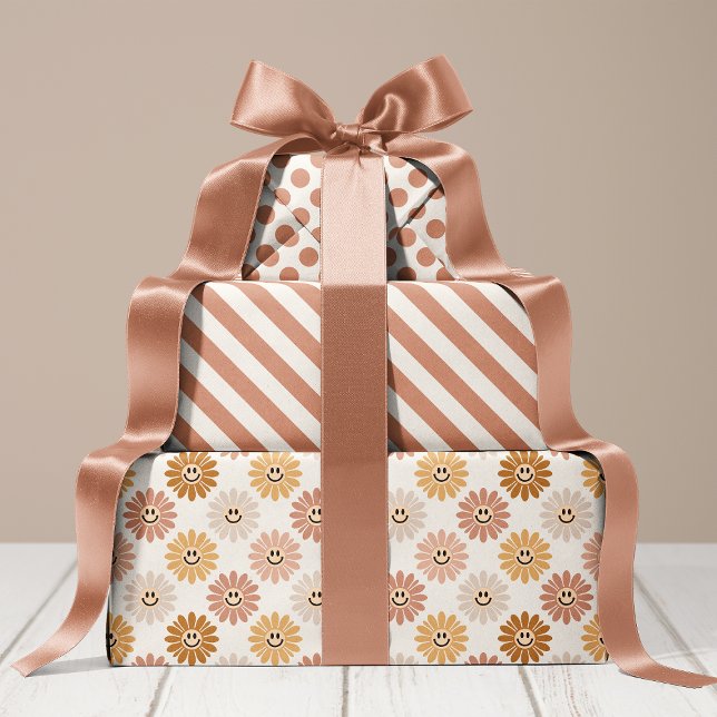 Feuille De Papier Cadeau Fleurs de Marguerite Neutres Rayures Points (Créateur téléchargé)