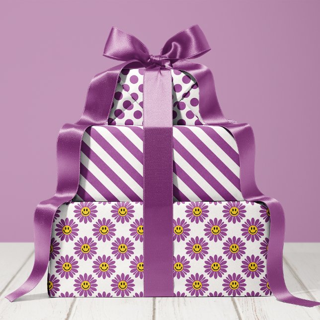 Feuille De Papier Cadeau Fleurs de Marguerite Violette Rayures Points (Créateur téléchargé)