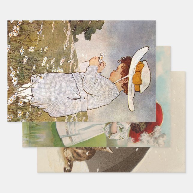 Feuille De Papier Cadeau Fleurs de marguerites de cueillette d'enfants anti (Lot)