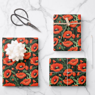 Feuille De Papier Cadeau Fleurs de pavot rouge Floral verdure Anniversaire